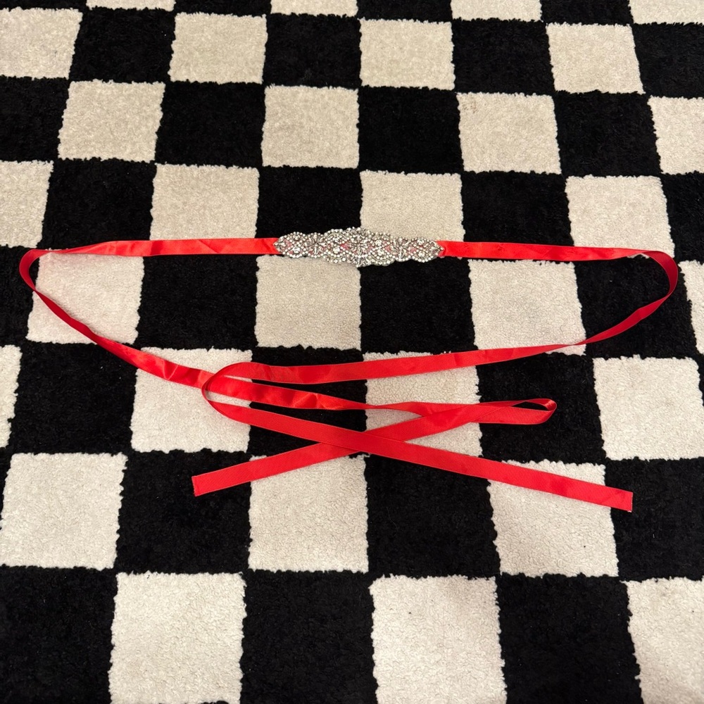 Red Satin Ribbon Bridal Belt with Silver Rhinestone Embellishments